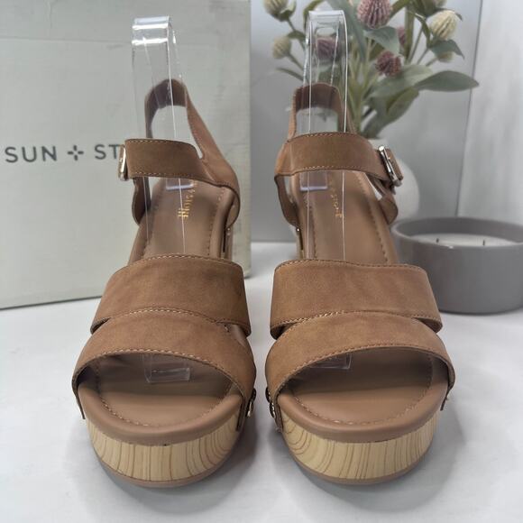 Sun + Stone Delestep Faux Leather Ankle Strap Block Heels Cognac Womens 10M NWB - Picture 2 of 11